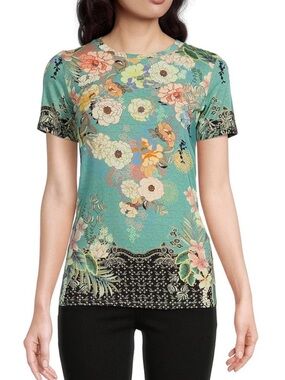 Johnny Was Millay Floral Print Crew Neck Short Sleeve Bamboo Knit Tshirt Size L